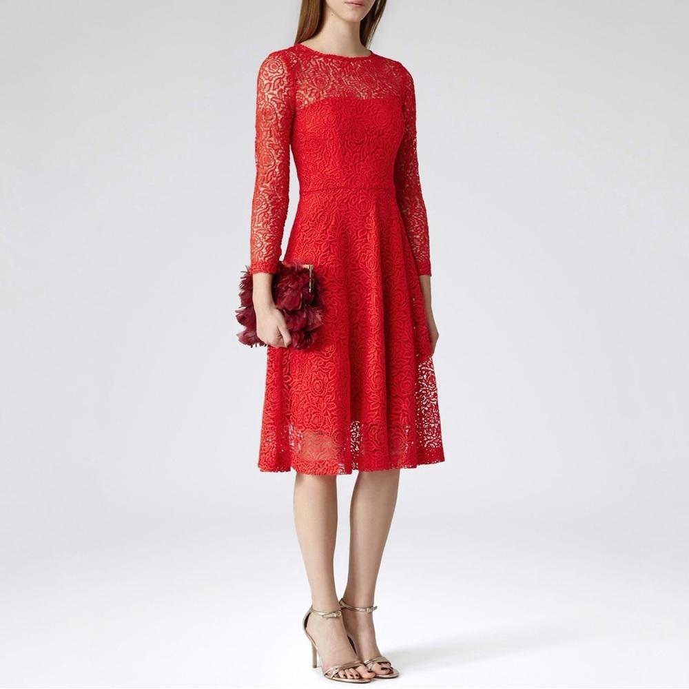 Reiss Rhomona Guipure Floral Lace Overlay Dress Open Work Long Sleeve Ruby Red 2